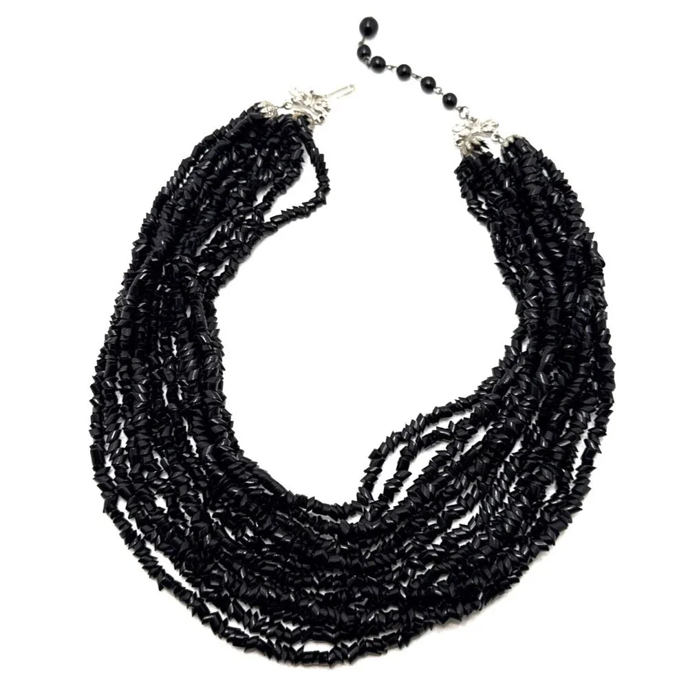 Vintage Black Multi Strand Glass Chip Bead Choker Necklace Runway Statement 18